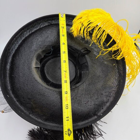 Vintage Hat With Feathers And Flowers Black Yellow Costume Halloween Fancy Read - Picture 10 of 11